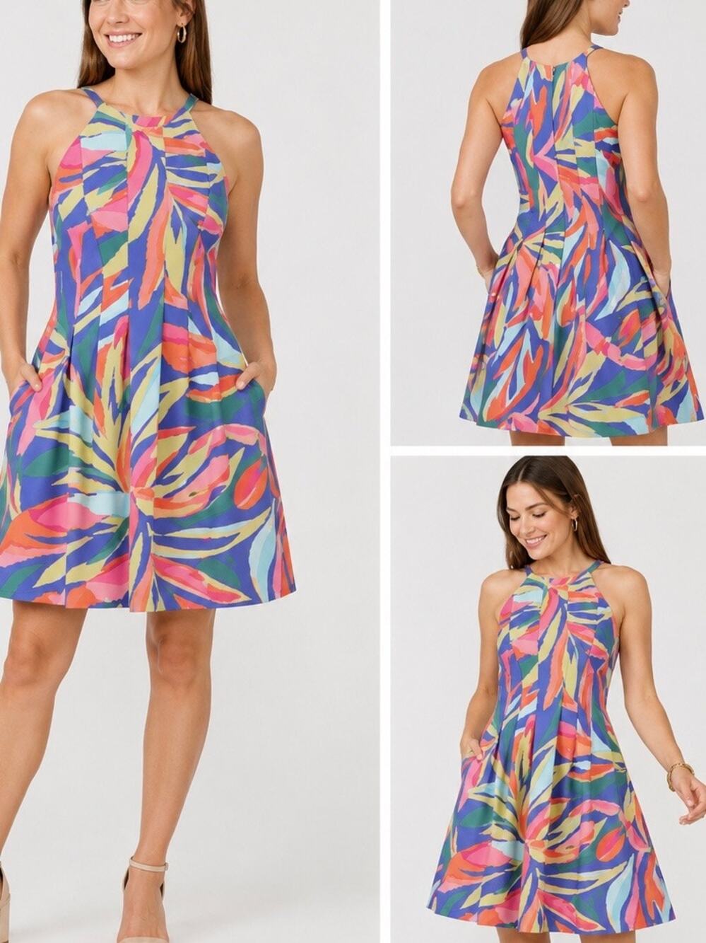 NWT Vince Camuto Colorful Tropical Print Fit & Flare Halter Dress Size 10